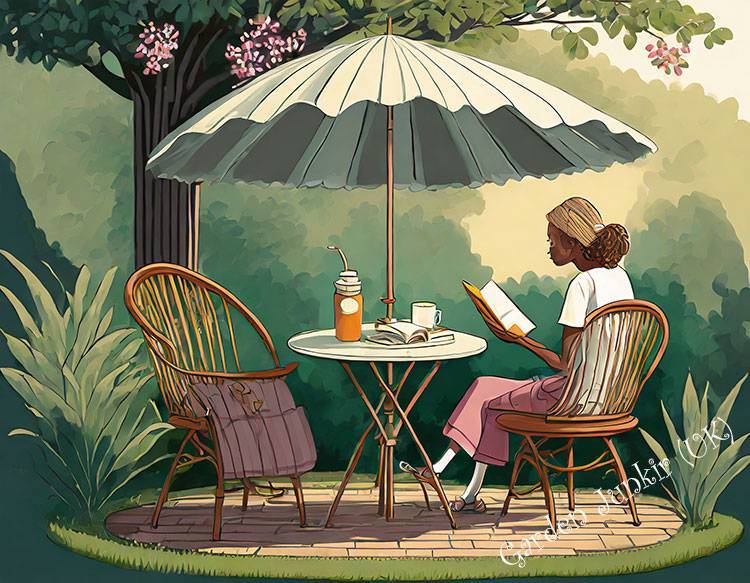 Person reading a book sat a garden table under a umbrella