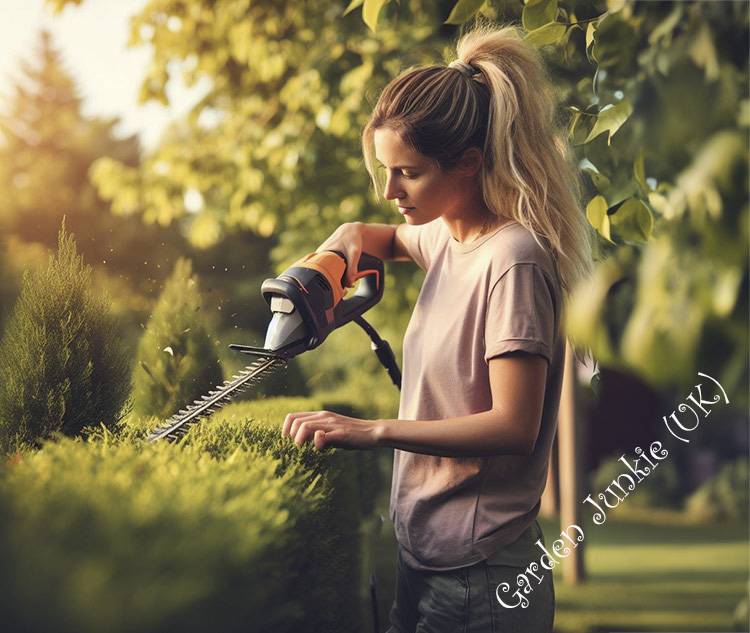 Home and Garden -Women Trimming a hedge.