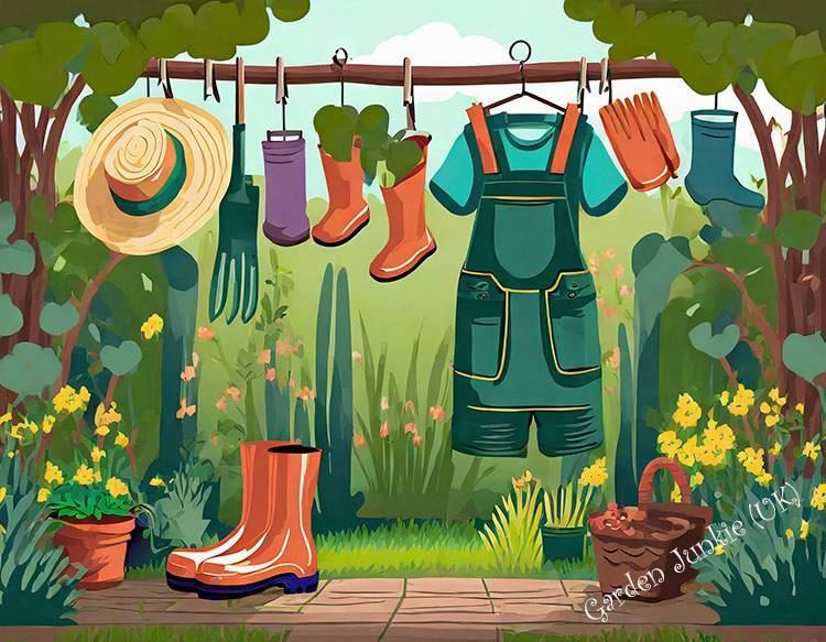 Gardening clothes hanging on a line in a garden