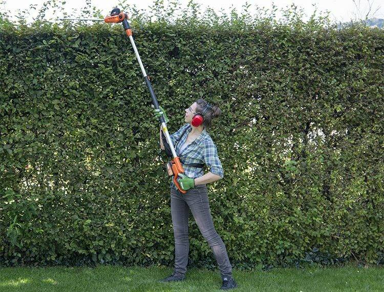 Cordless Pole Hedge Trimmers - Female trimming a hedge