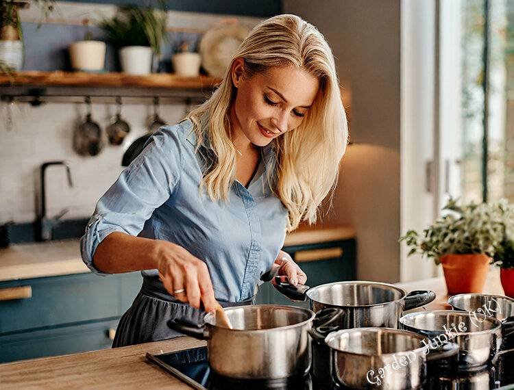 Blonde Lady using PFAS Free Cookware in a Kitchen