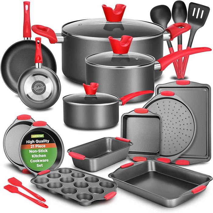 NutriChef 21-Piece Nonstick Cookware Set - PTFE, PFOA, PFOS Free Cookware