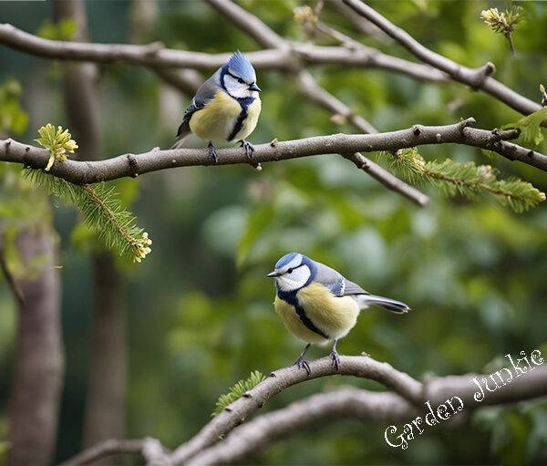 British Garden Birds Identification- 2 Blue tit birds on a branch