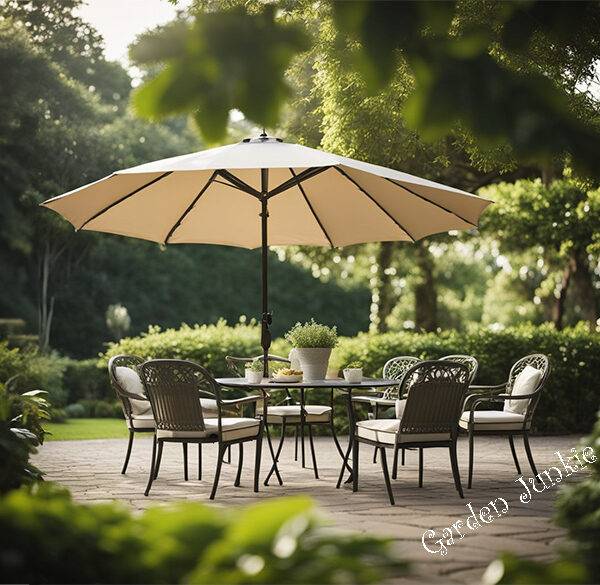Large Garden Umbrellas - White umbrella with 4 chairs in a garden