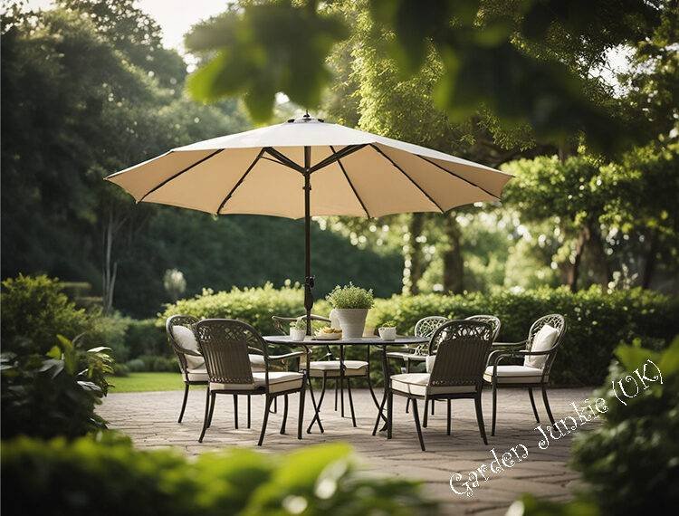 Large Garden Umbrellas - White umbrella with 4 chairs in a garden