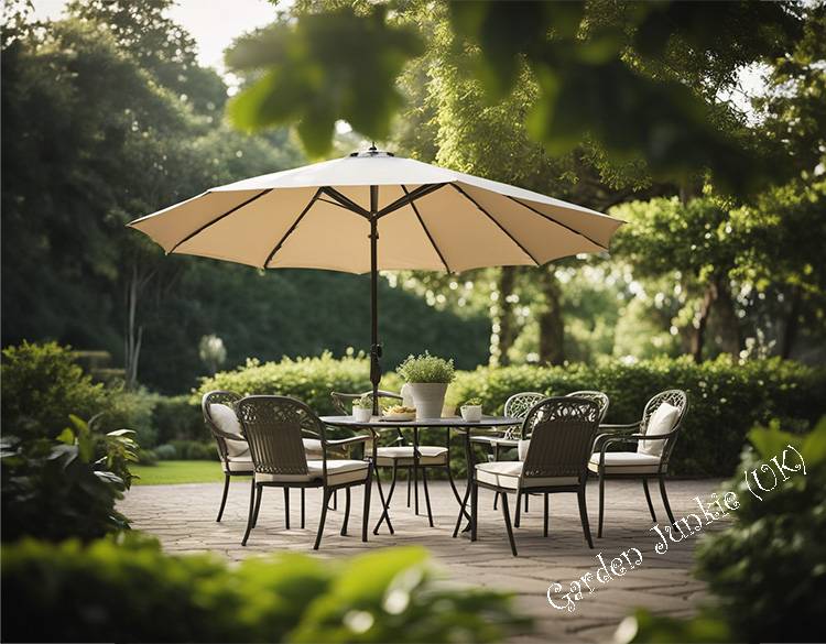 Large Garden Umbrellas - White umbrella with 4 chairs in a garden