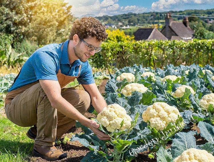 Man in a garden holding a cauliflower -How to grow cauliflower in the UK
