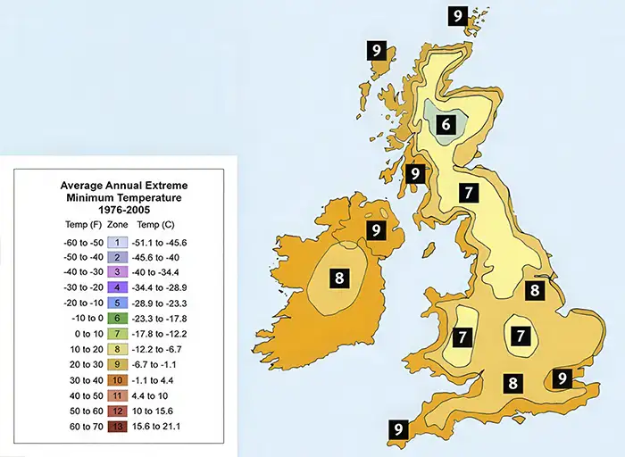 Plant Hardiness Zones in the UK - RHS Scale