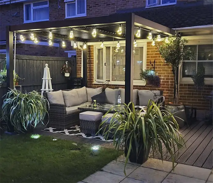 Aluminium Pergolas - Primrose deluxe at night with lights.