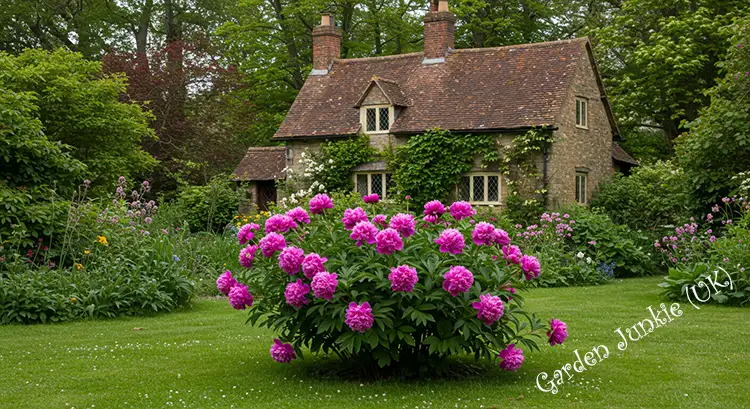 Tree Peony shrub as a cenre feature on a green lawn