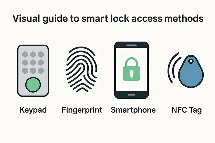 Diagram showing different smart lock access types (e.g. keypad, fingerprint, phone, NFC tag).