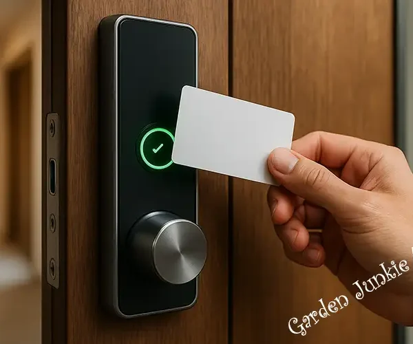 Smart locks - Hand holding a access key card against a smartlock