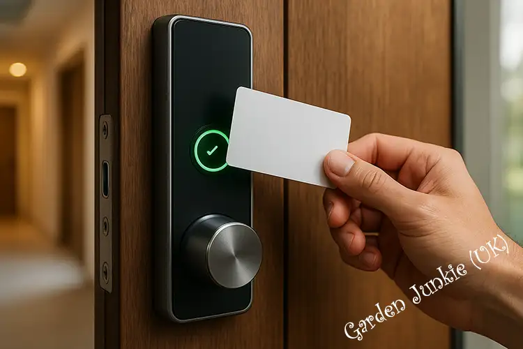 Smart locks - Hand holding a access key card against a smartlock