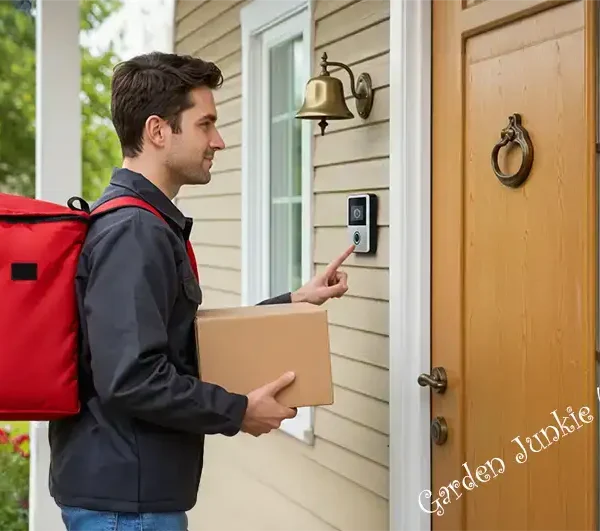 Delivery man at a front door ring a video doorbell