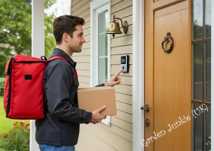 Delivery man at a front door ring a video doorbell